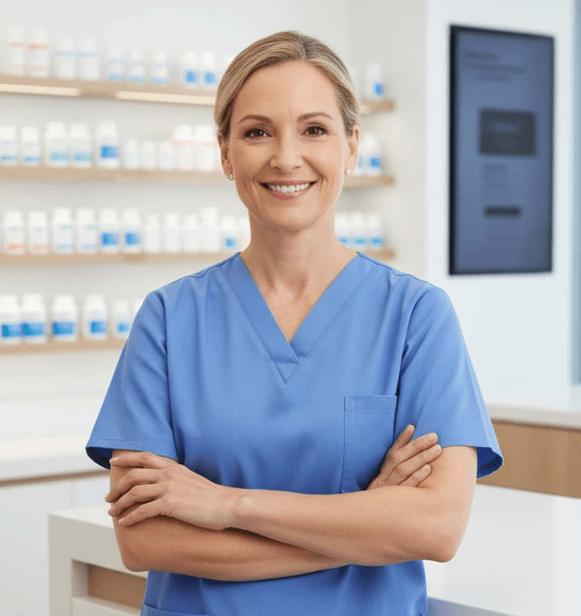 Pharmacist ready to assist with an online medical certificate