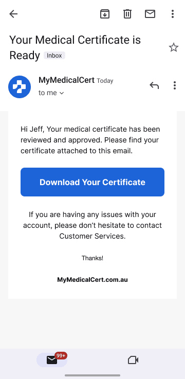 Email notification with a link to download an approved medical certificate