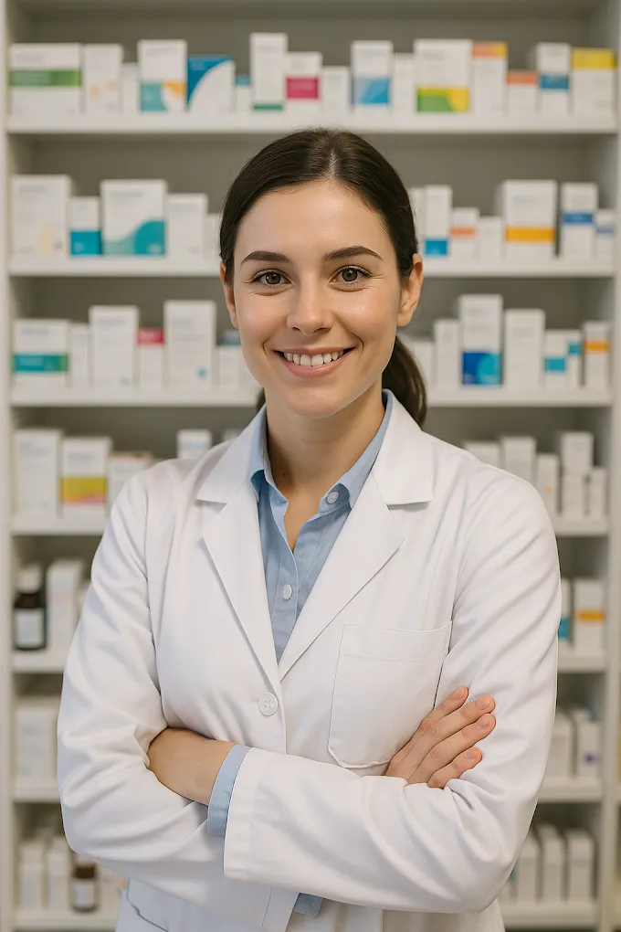 Pharmacist standing beside pharmacy shelves