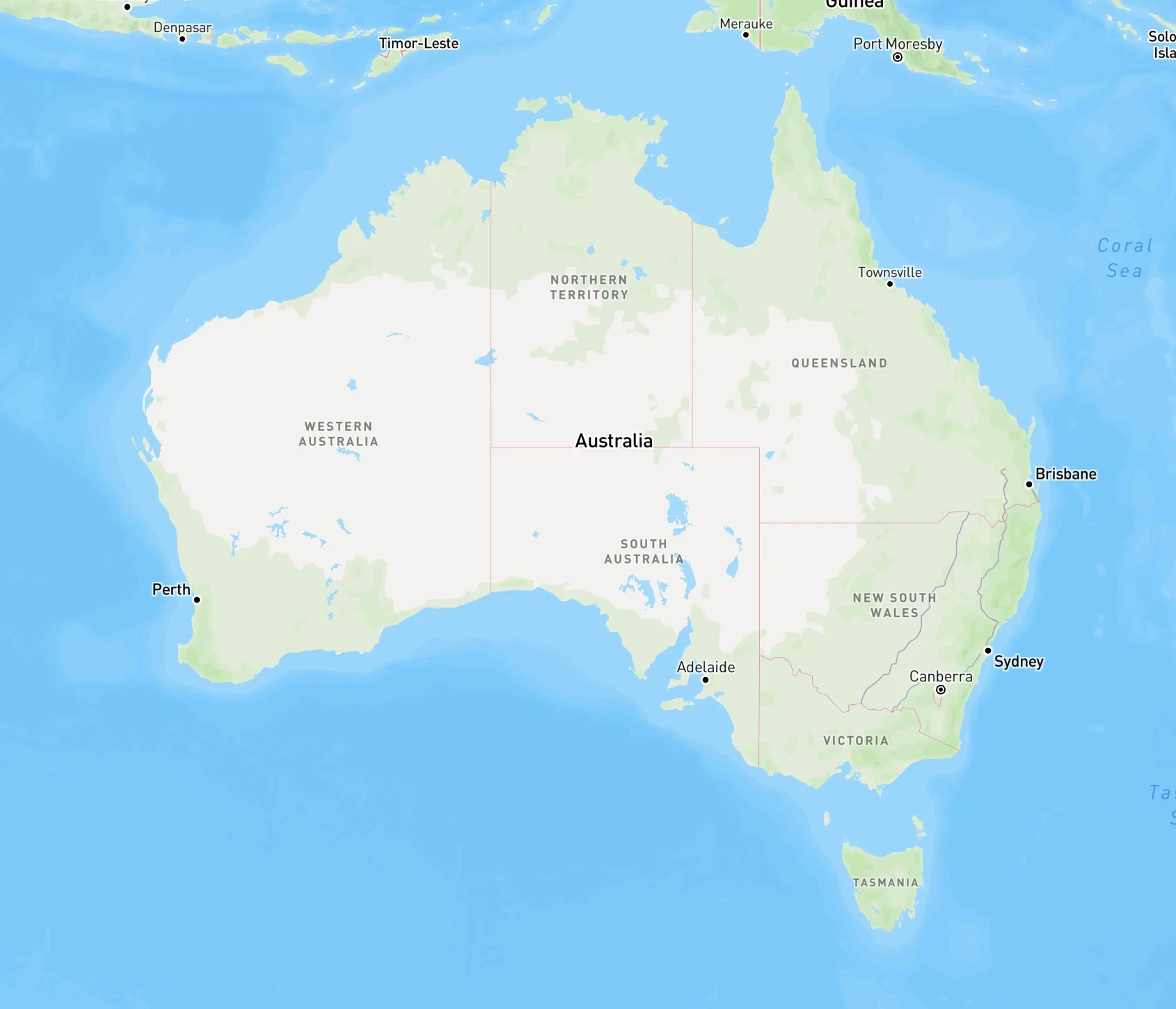 Map of Australia showing cities and states