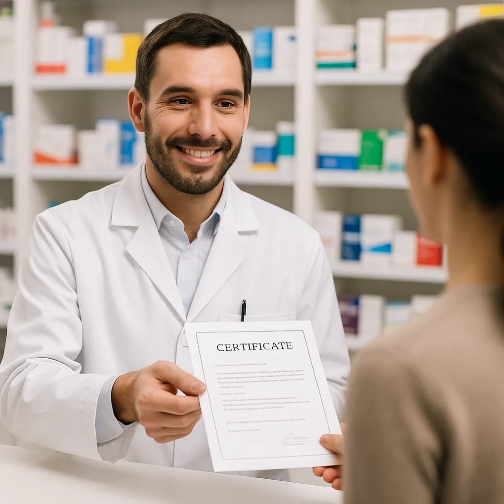 Pharmacist handing a certificate to a customer