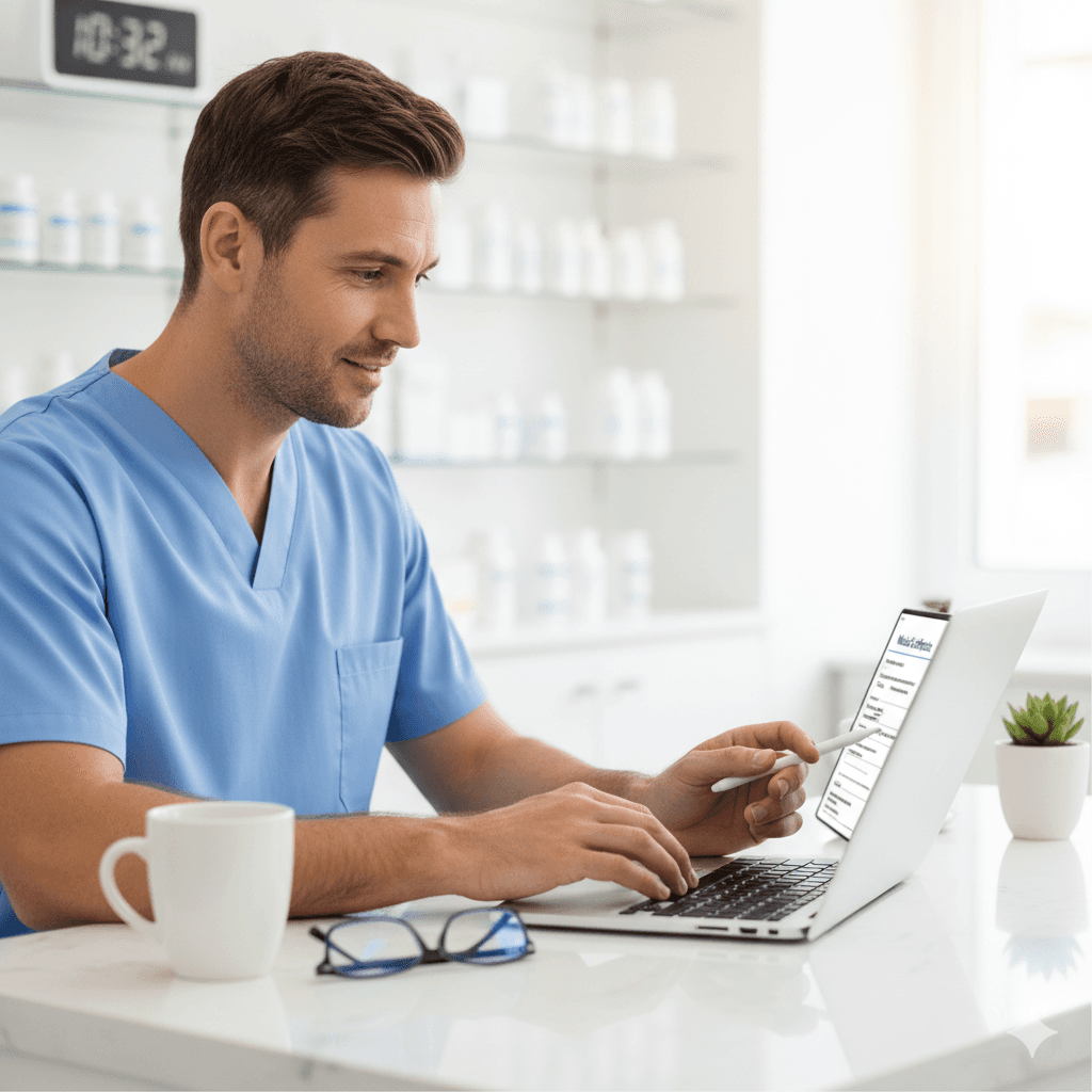 Healthcare professional reviewing information on a laptop