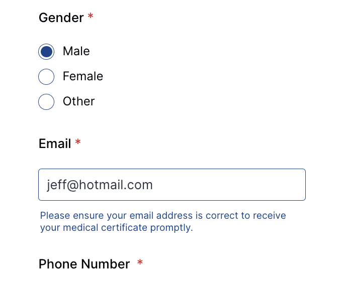 Online certificate application showing gender and contact details