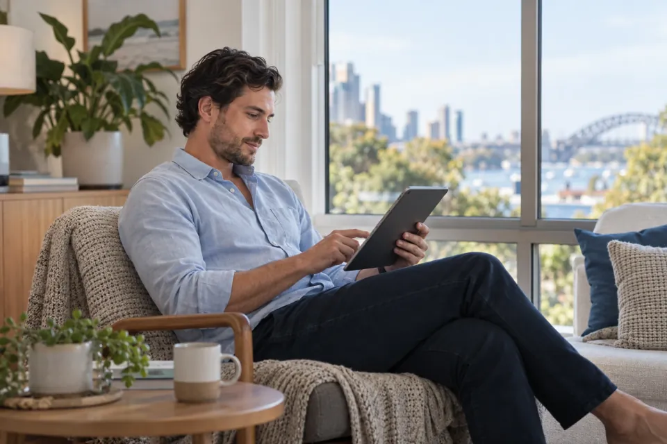 Man using a tablet from an armchair at home