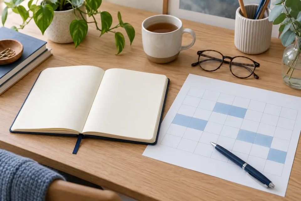Calendar, notebook and pen laid out on a desk for planning leave