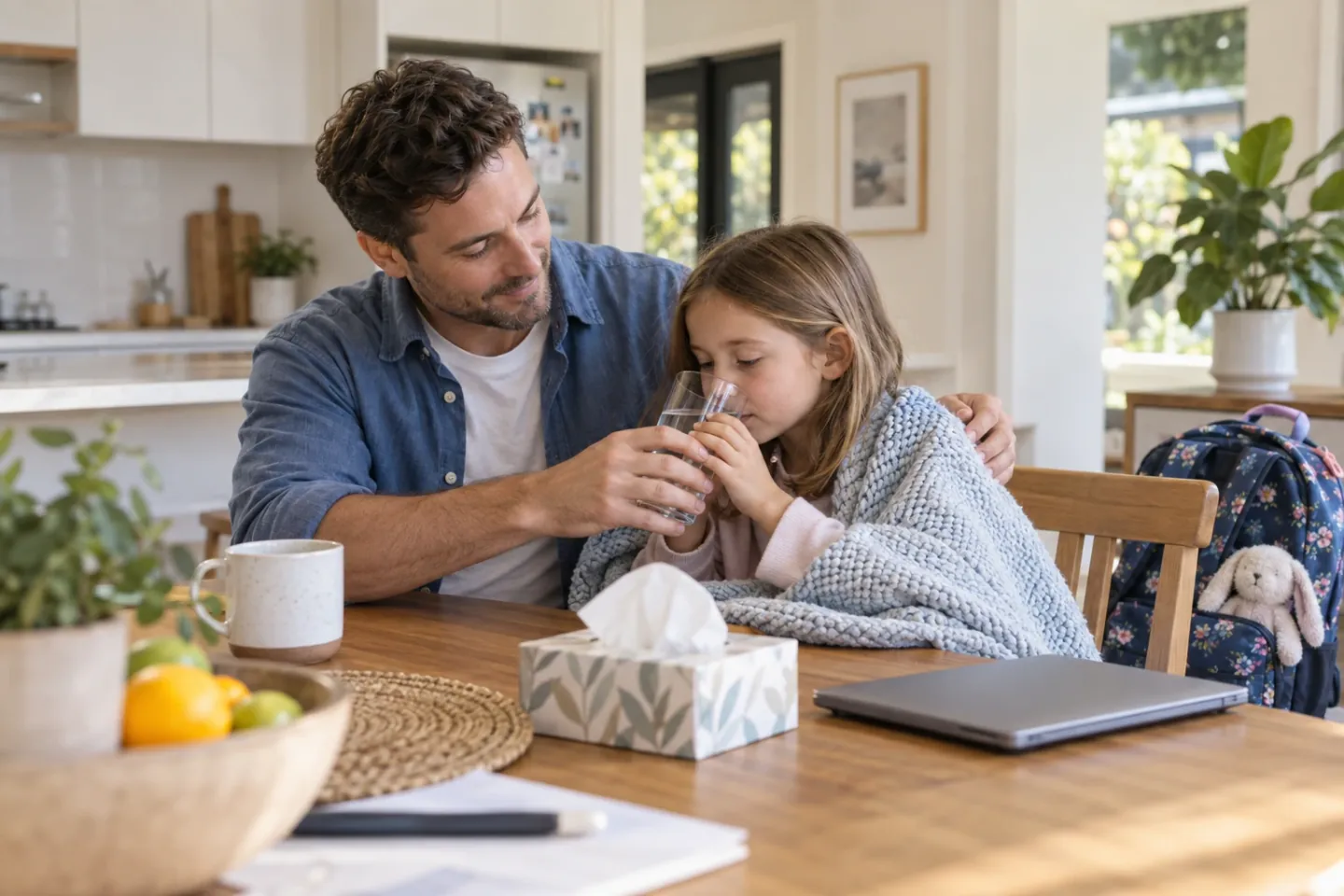 Father supporting his child at home with work set aside