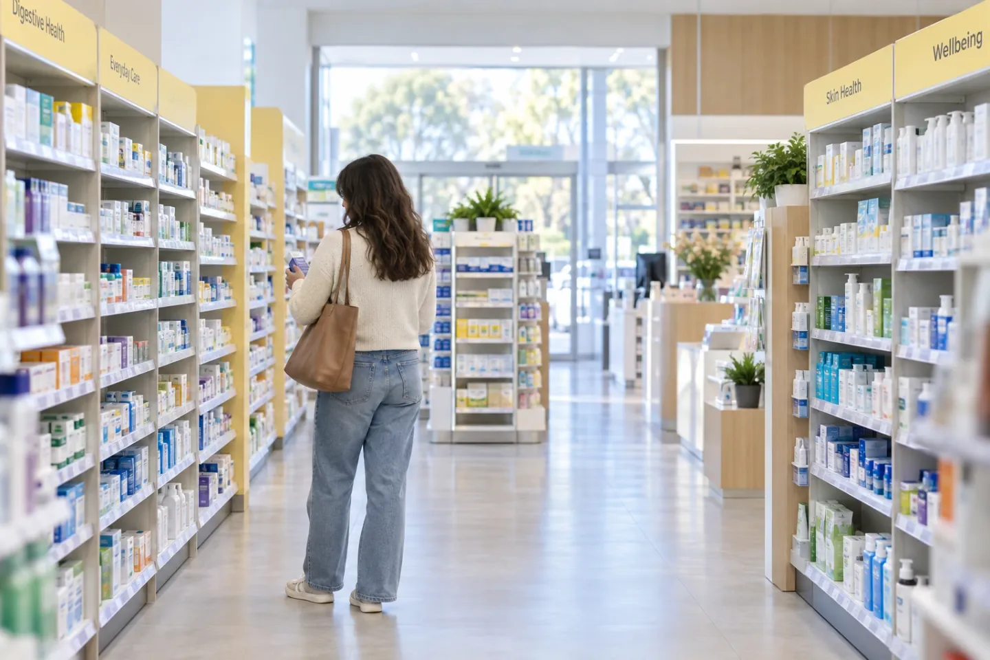 Shopper browsing an unbranded retail pharmacy aisle