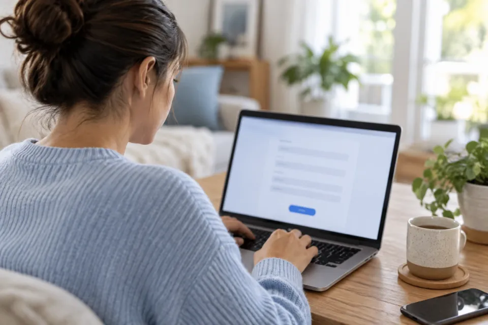 Woman completing an online form on her laptop at home