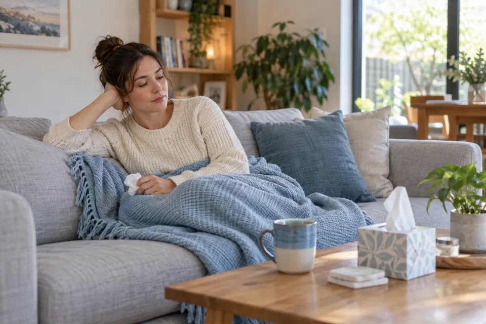 Woman resting under a blanket on a sofa with tissues and a warm drink nearby
