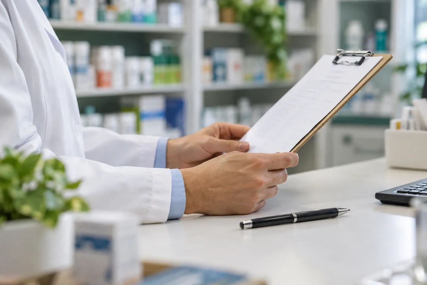 Pharmacist reviewing paperwork at a pharmacy desk