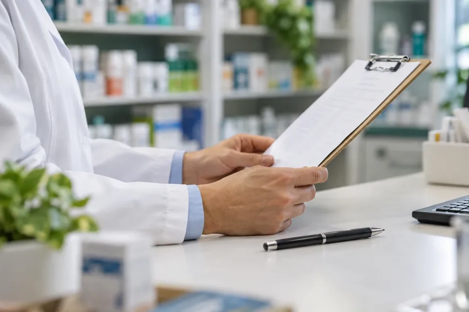 Pharmacist reviewing paperwork on a clipboard at a pharmacy counter