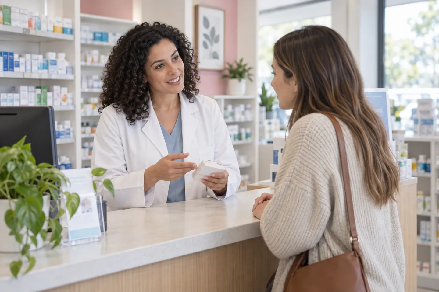 Pharmacist discussing certificate options with a customer