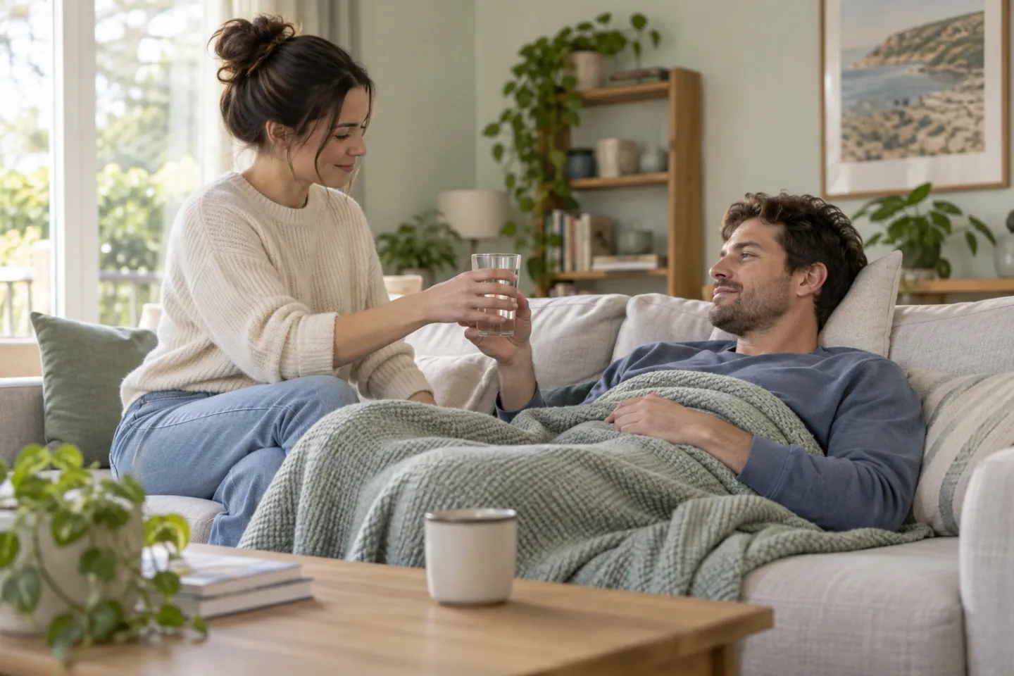 Partner bringing water to someone resting at home