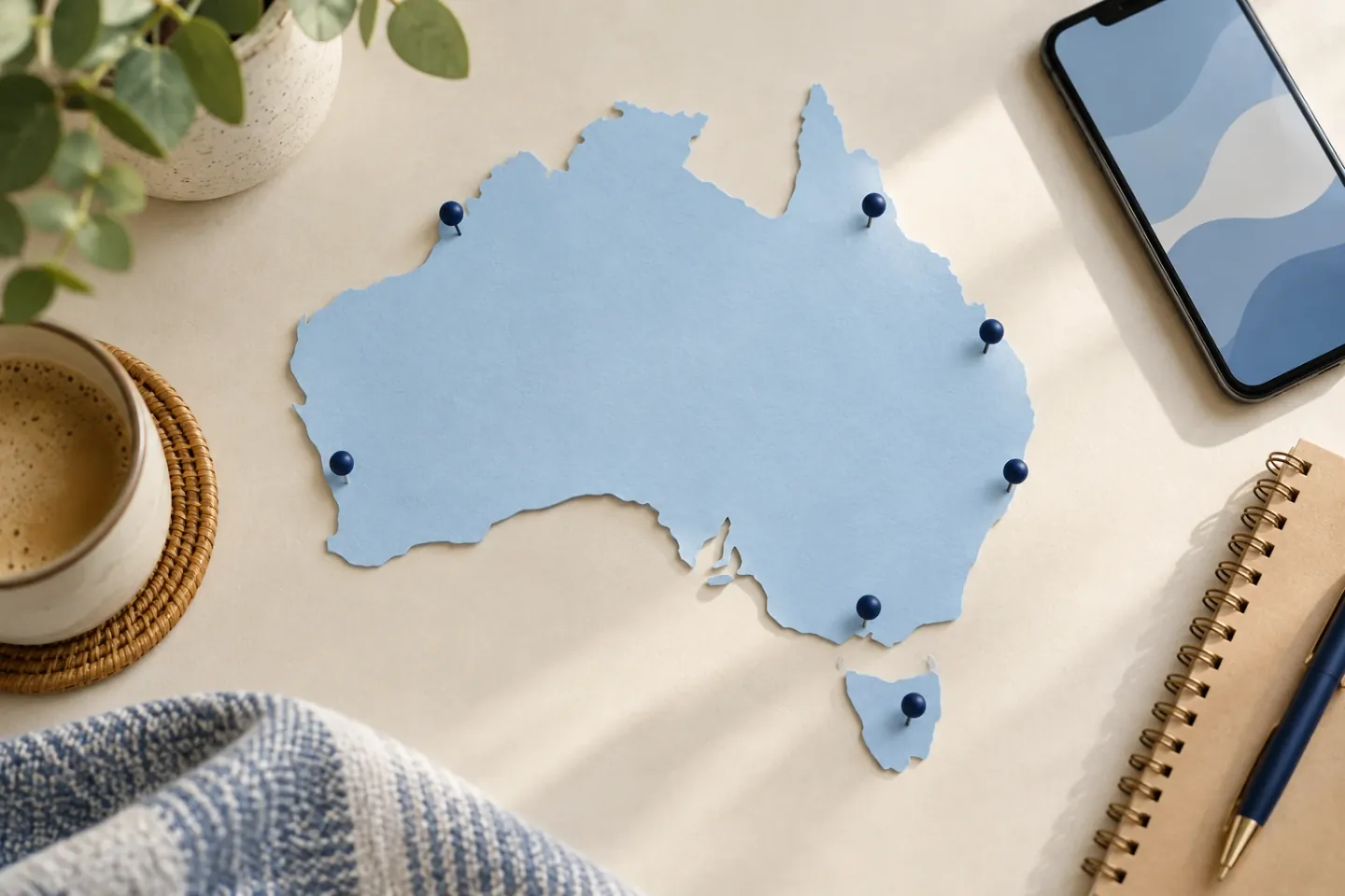 Map of Australia with location markers beside a phone