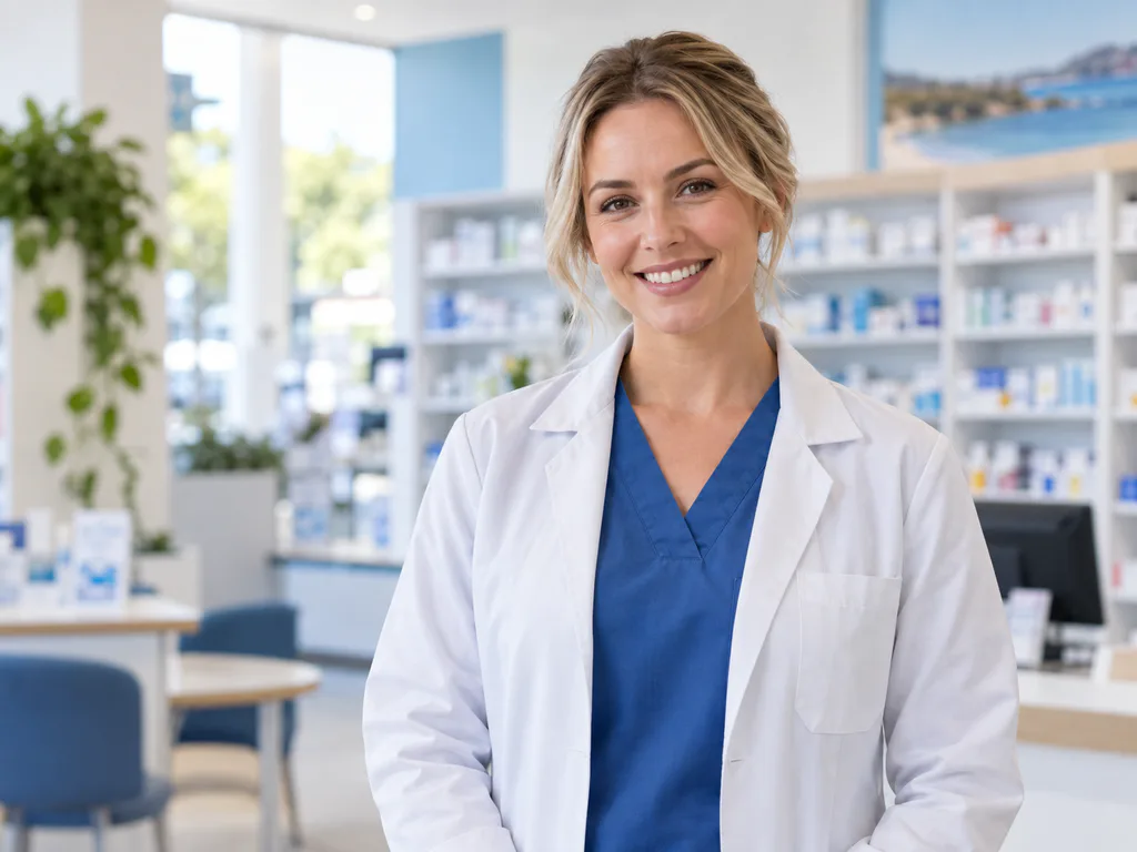 Friendly pharmacist in a bright modern Australian pharmacy